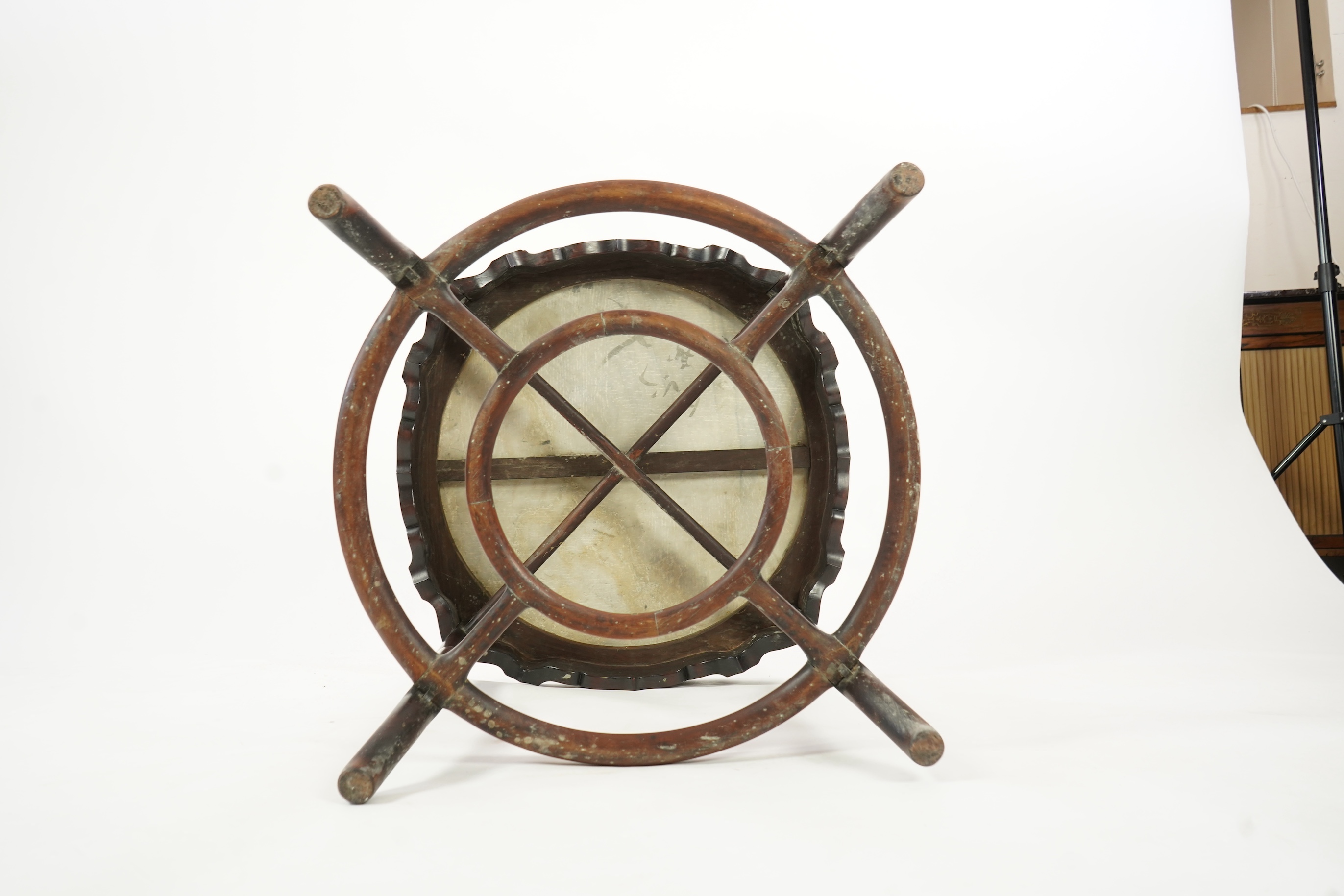 A Chinese dreamstone marble inset hongmu table and four matching stools